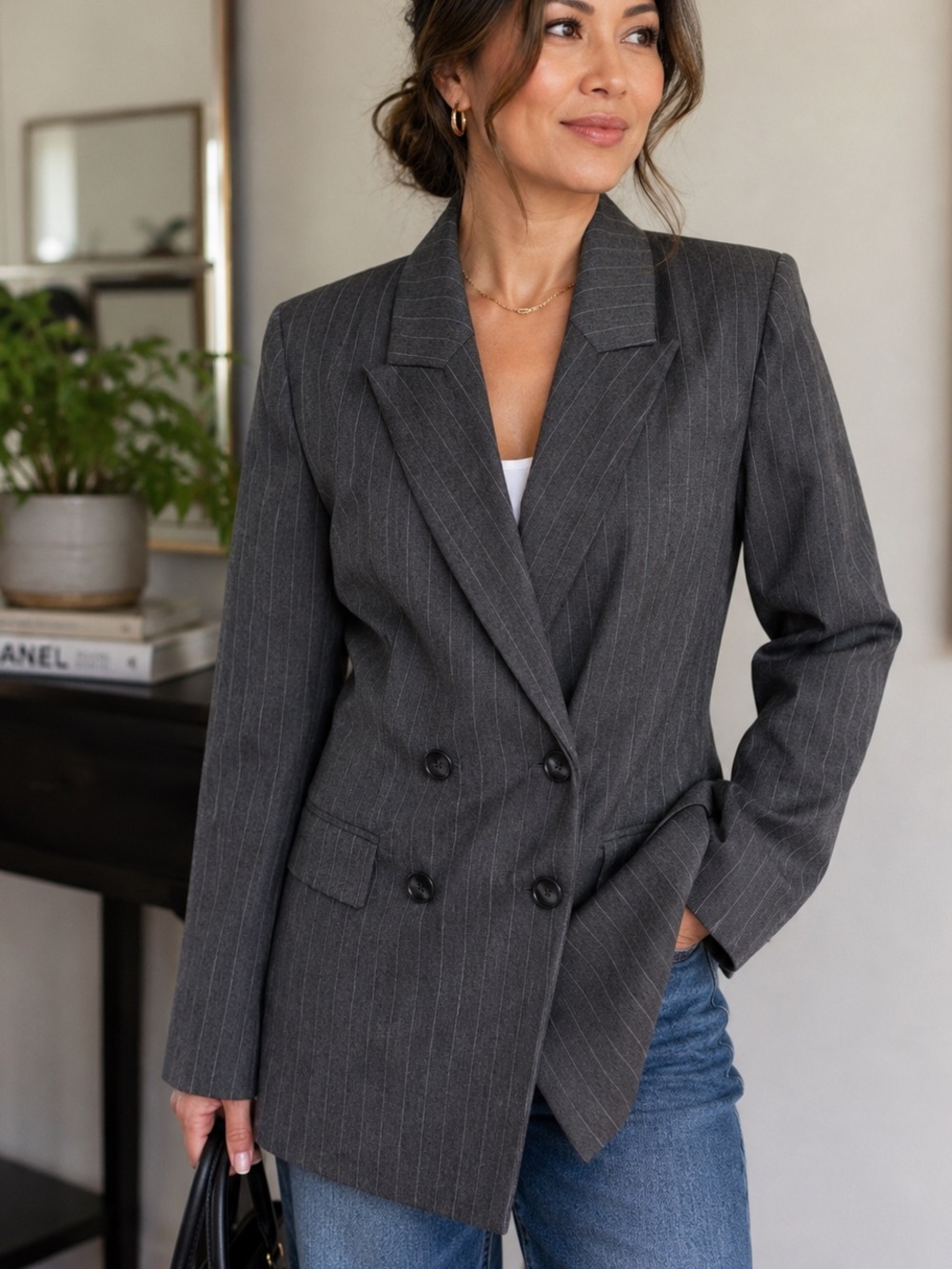 NWT Worthington Gray Pinstripe Double Breasted Blazer Suit Jacket 8P Petite